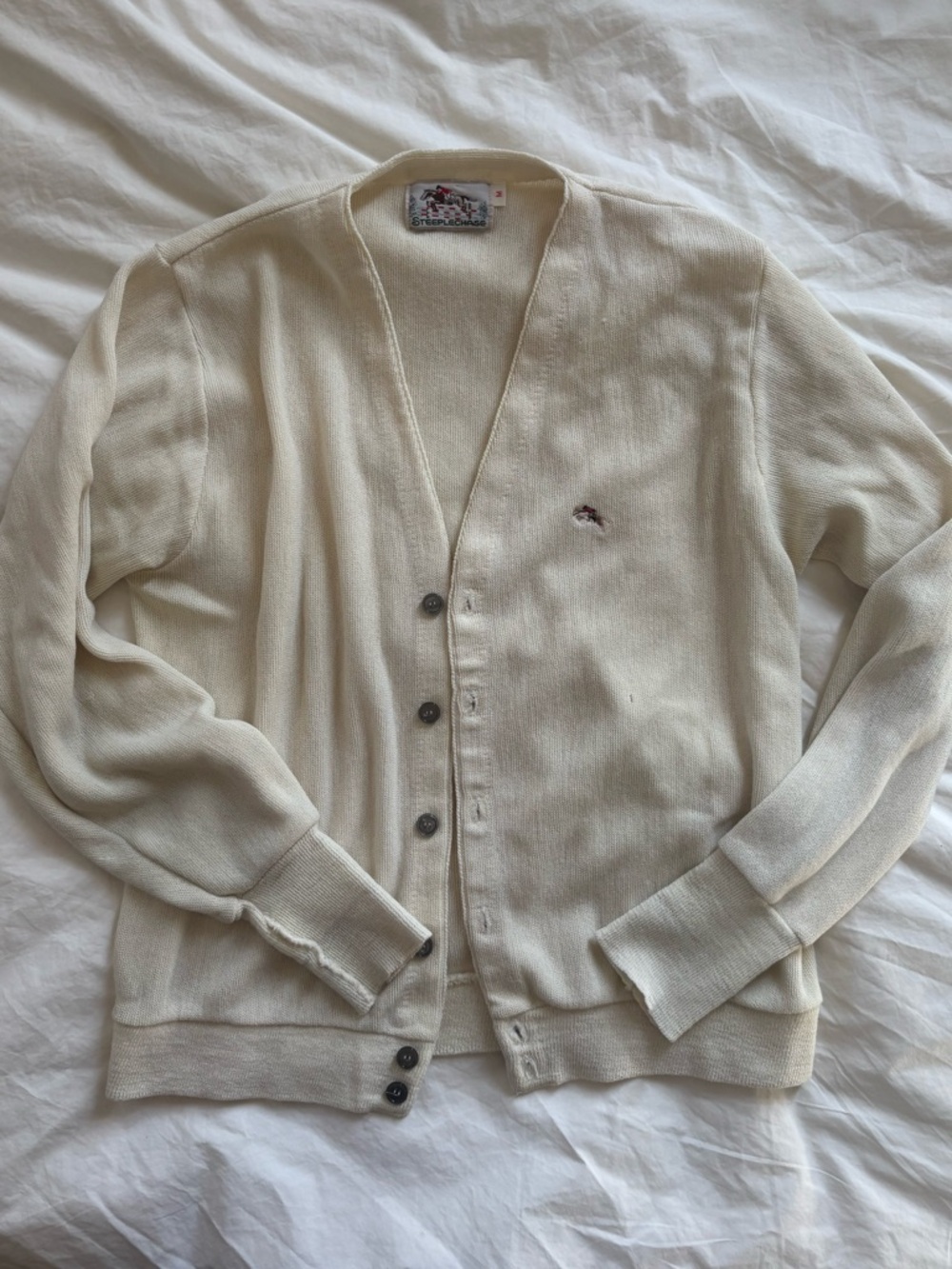 Vintage Women’s / Unisex Cream V-Neck Button Cardigan Horse Rider Sweater